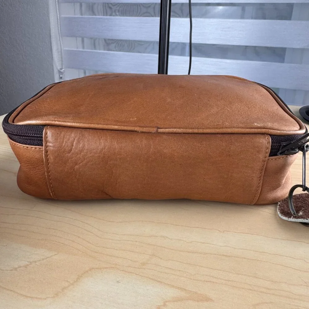 Tica Light Brown Leather Travel Zip Around Toiletrie Case Bag Unisex